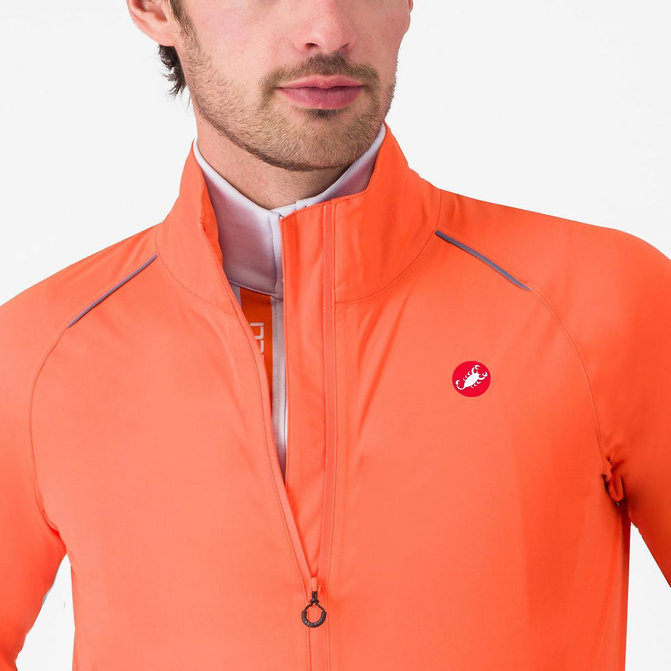 Thumbnail: castelli rain jacket in bright organge showing the zip of the jacket
