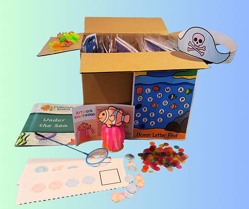 Curious Kiwis preschool curriculum box with ocean-themed activities, crafts, and learning