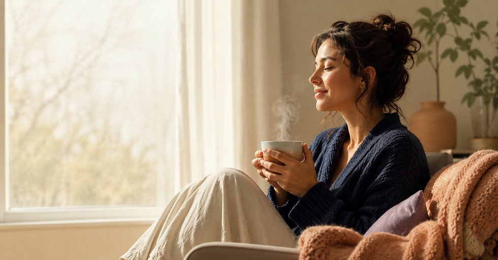Disfruta de un momento para ti mismo: relájate con una taza de té caliente y la calidez del sol entrando por la ventana.