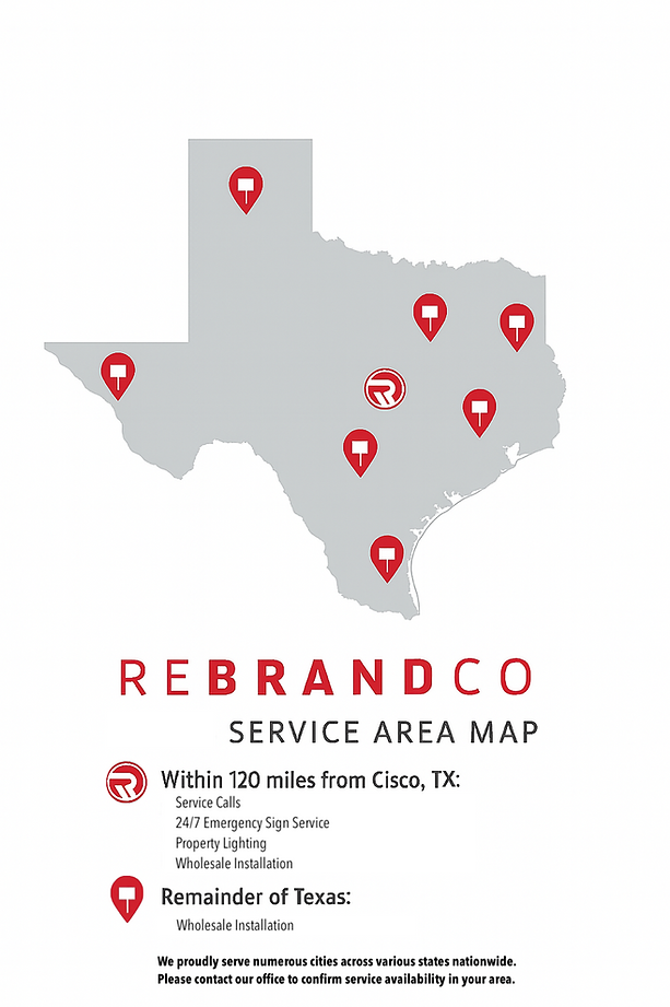 ReBrandCo service area map showing signage coverage across Texas and nearby states
