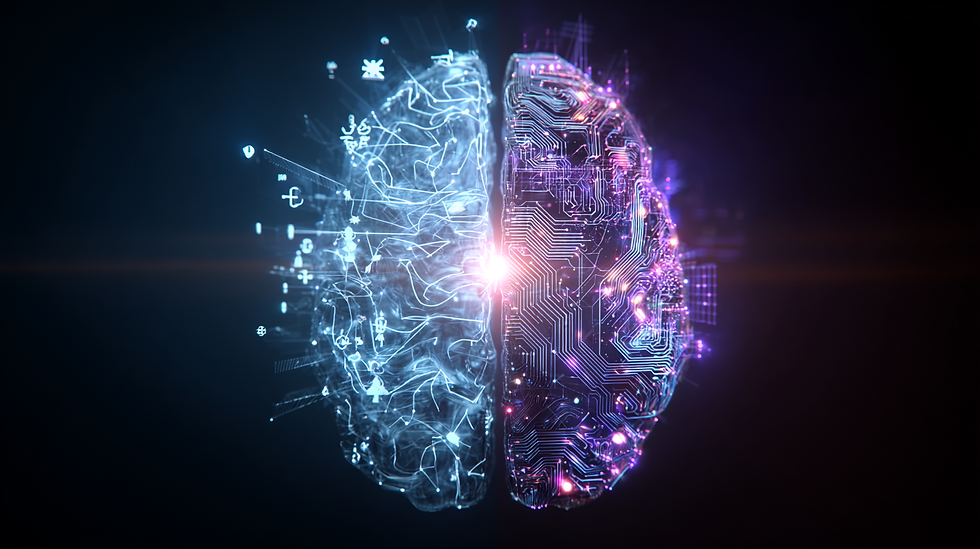A glowing split-brain visualization floating against a dark background. The left half appears translucent and blue, filled with abstract neural patterns and scattered symbolic icons. The right half appears solid and purple, composed of intricate circuitry and illuminated data nodes. A bright light glows at the center where the two halves meet, highlighting the contrast between general neural intelligence and specialized computational intelligence.