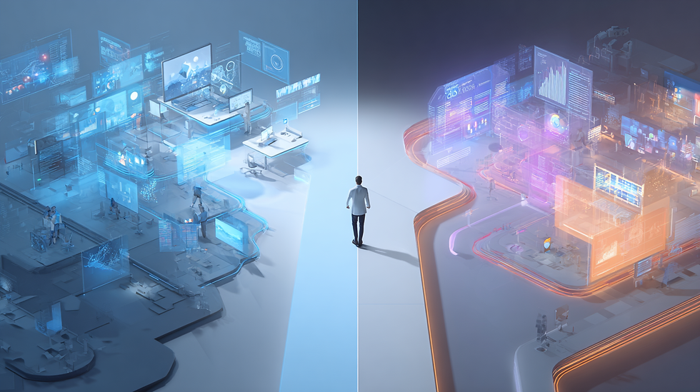 A person stands at a crossroads facing two contrasting futuristic environments. The left side features cool blue holographic screens and human-operated workstations, representing manual or assisted AI tools. The right side glows with warm orange autonomous systems, where holographic interfaces operate seamlessly on their own. The scene symbolizes a strategic decision between human-dependent AI workflows and fully autonomous AI solutions.