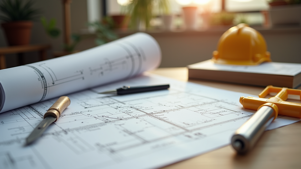 Close-up view of construction plans and tools on a wooden table
