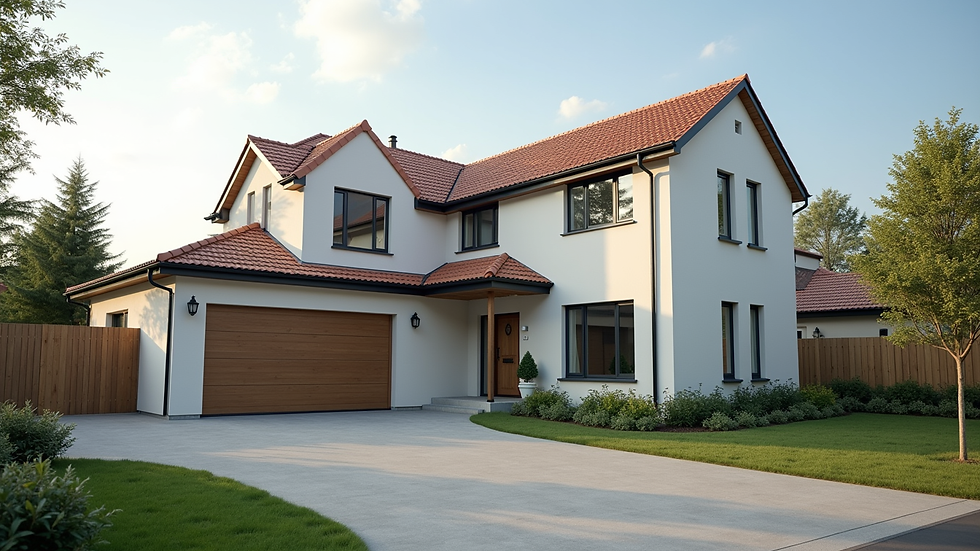 Wide angle view of a newly built modest house exterior in a suburban area