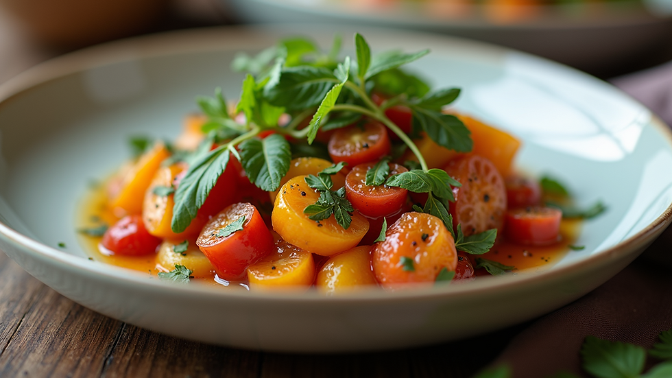 Close-up view of a beautifully plated dish featuring seasonal vegetables and herbs