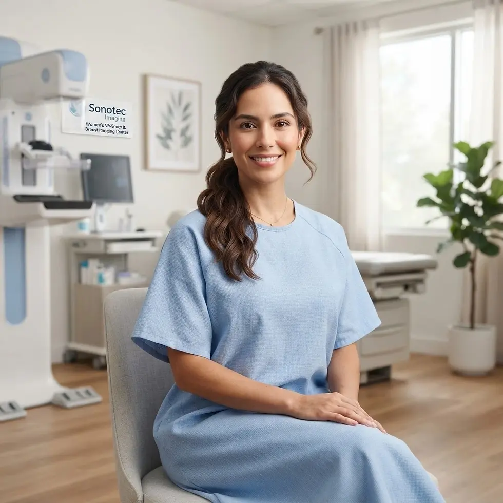 Smiling woman in an exam gown before her HerWell 3D breast ultrasound (ABUS) screening