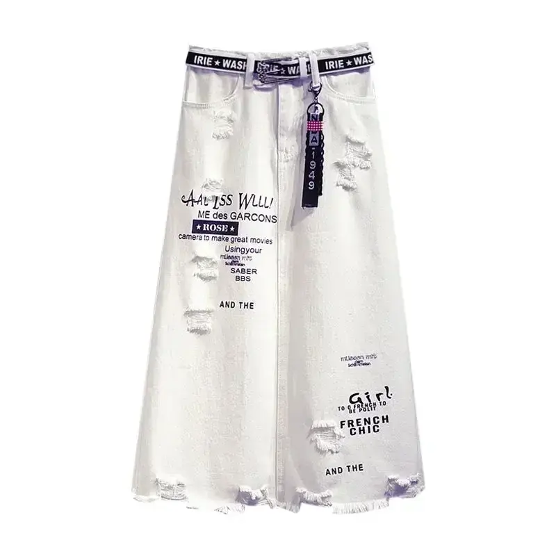 White Denim Letter Print Skirt | Raw & Refined