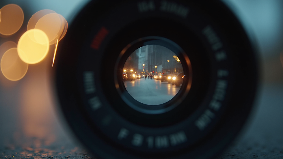 Close-up view of a camera lens focusing on a softly lit scene