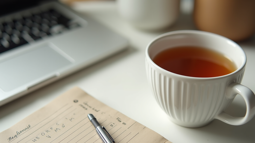 Close-up view of a calm workspace with a notebook and a cup of herbal tea