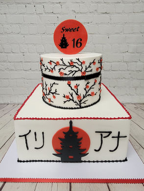 bella palermo, bakery, pastry shop, elizabeth, new jersey, two tier cake, multiple tier, stacked cake, adult birthday, anniversary, cake, bella palermo pastry shop, italian bakery, elizabeth, new jersey, custom cake, fondant, buttercream, modelling modeling chocolate, red flowers, piping, japanese theme, sweet 15/16, custom tree piping, custom lettering
