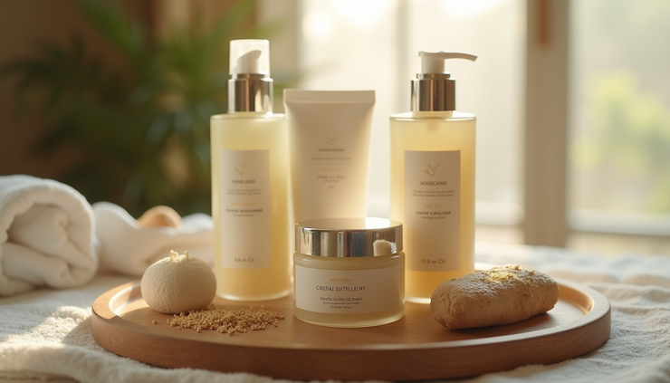 Close-up view of a serene spa setting with natural facial care products arranged neatly