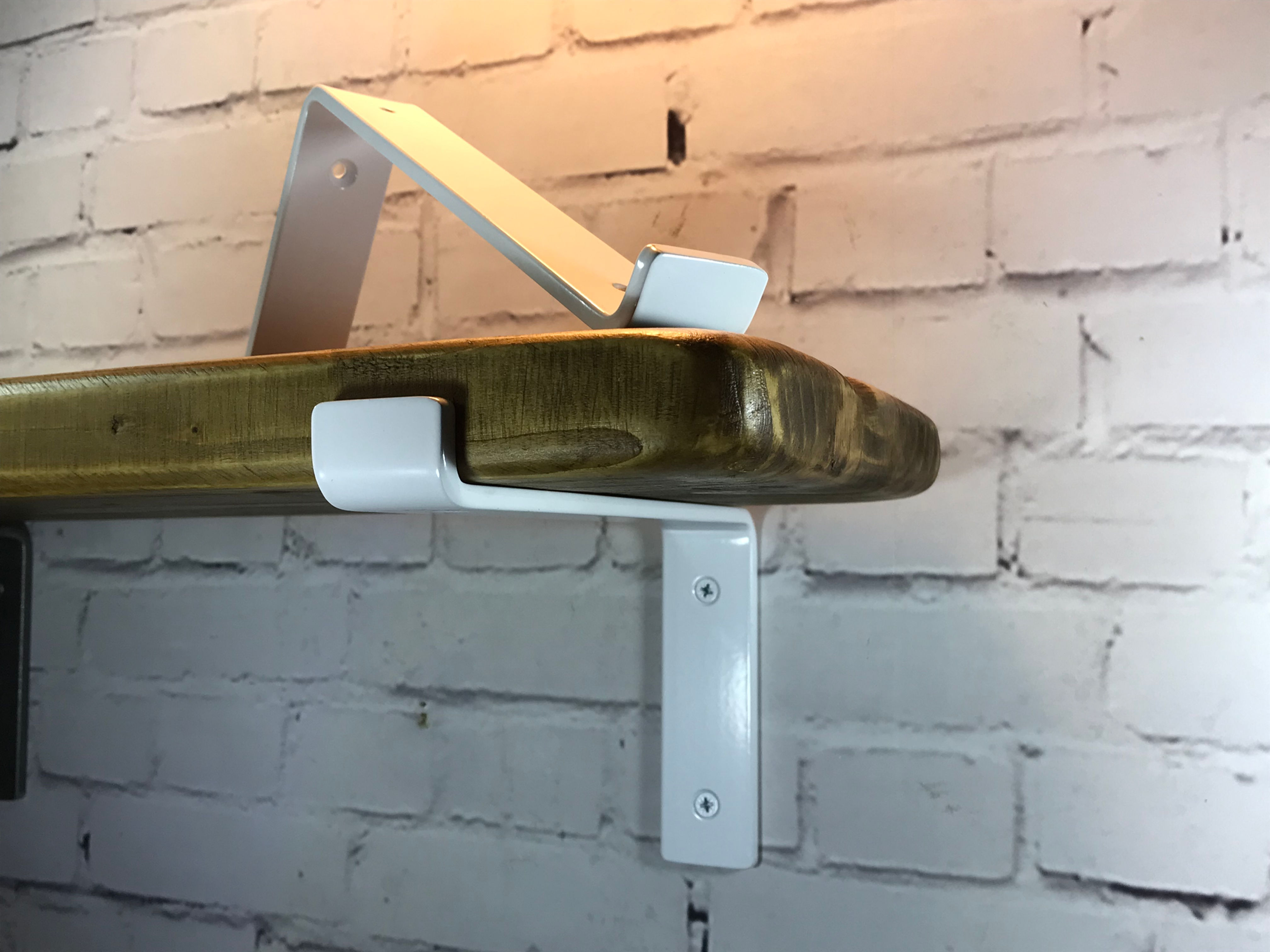 Gloss White Down style brackets & Reclaimed Distressed Shelf.