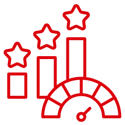 Red icon of a rising bar chart with stars and speedometer