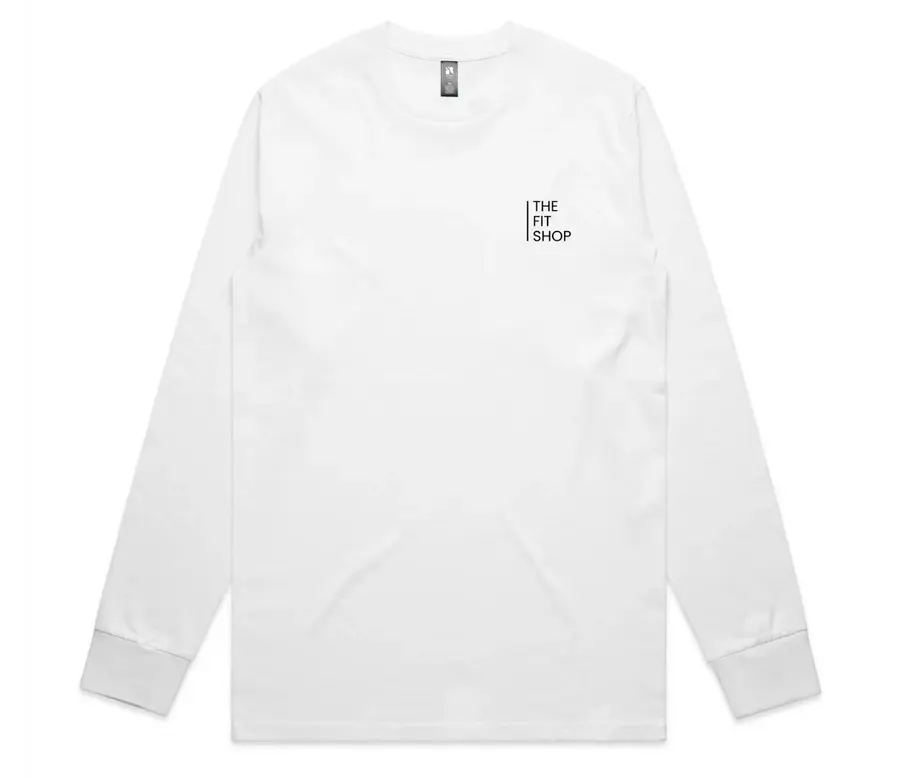 White long sleeve shirt with The Fit Shop logo on chest