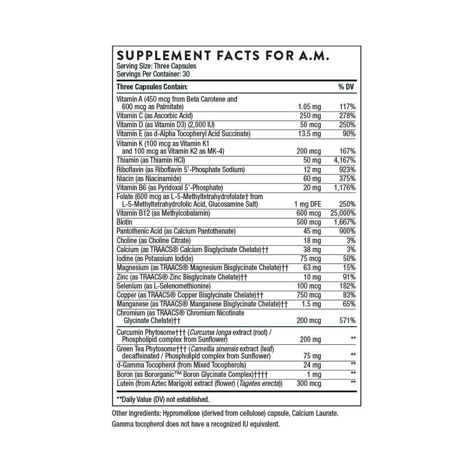 Supplement Facts For A.M. on white background with nutritional information listed