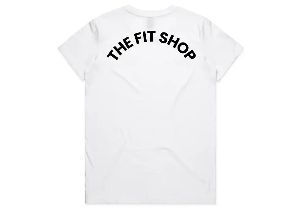 White t-shirt displaying "THE FIT SHOP" text on its back.