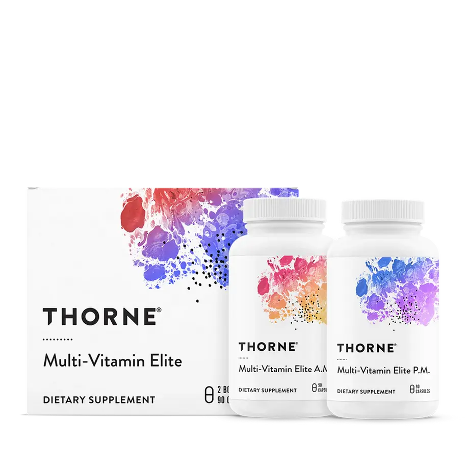 Thorne Multi-Vitamin Elite box and two bottles dietary supplement pills.