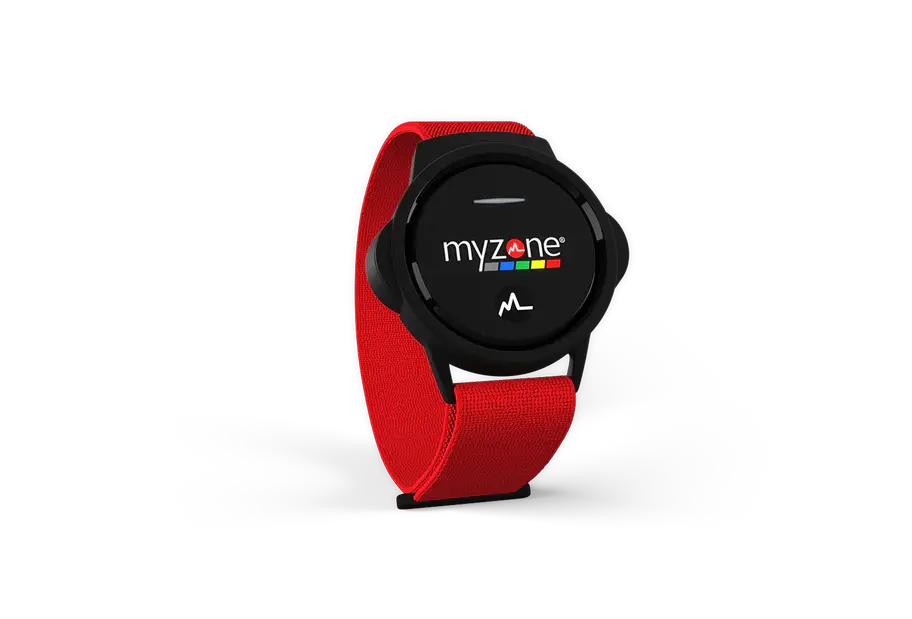 Black watch with red band, myzone logo on face, activity tracker.