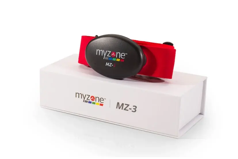 Myzone MZ-3 device sits atop the product box with visible branding.