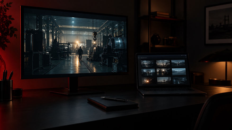A dark studio workspace representing corporate-video publishing and delivery planning