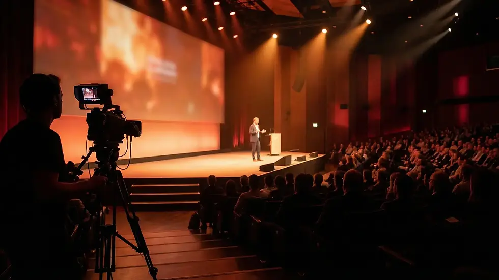 Konferans salonunda konuşmacıyı çeken profesyonel etkinlik filmi kamerası