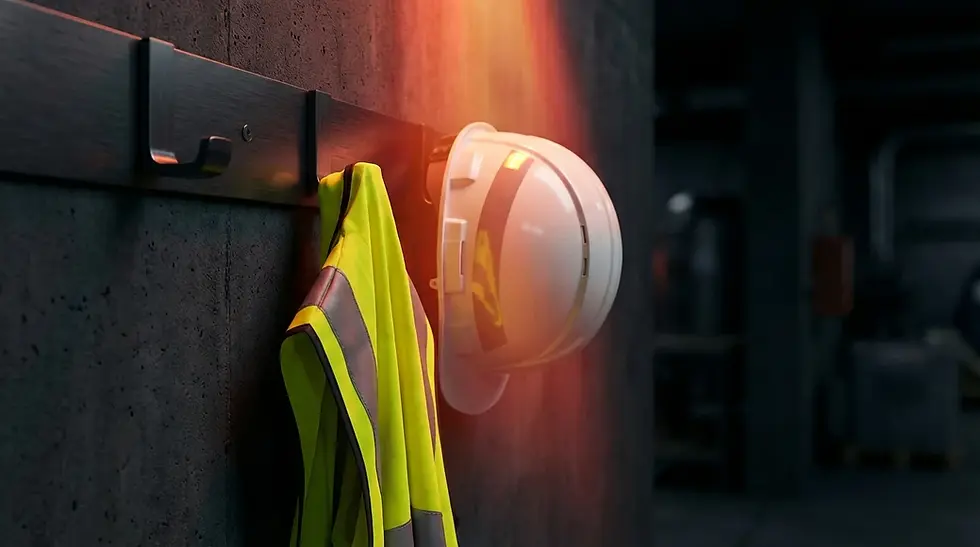 Fabrika ortamında baret ve reflektörlü yelek (İSG ve iş güvenliği tanıtım filmi görseli)