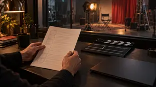 Hands reviewing a shot list beside a clapperboard and laptop