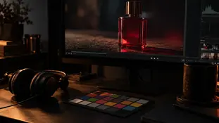 Editing display, colour reference chart and studio headphones