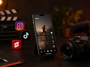 Dikey formatta sosyal medya video çekimi için hazırlanan profesyonel kamera, ışık ve kontrollü prodüksiyon ortamı.