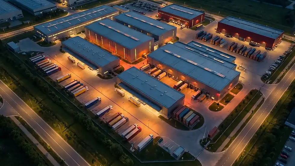 Drone bakışıyla görüntülenen modern fabrika yerleşkesi ve lojistik alanı