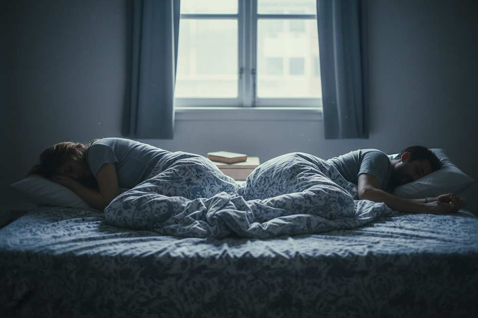 **Dos personas en la cama, espalda con espalda** - sin verse - sin agresividad - solo distancia **Keywords:***couple back to back in bed cinematic / emotional distance couple / relationship silence photo*