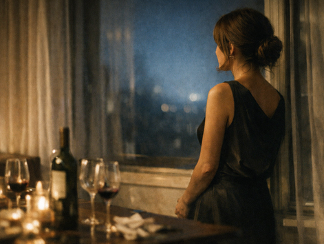 Mujer de pie junto a una ventana durante la noche, dentro de una casa en silencio después de una cena, con copas de vino sobre la mesa y una atmósfera introspectiva que representa la soledad emocional dentro de una relación.