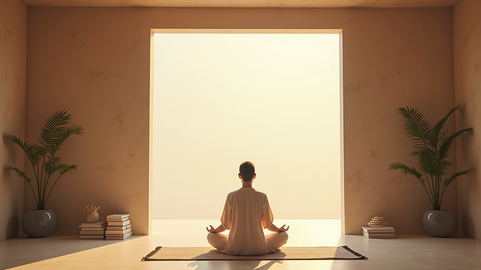 Eye-level view of a tranquil meditation space with soft lighting