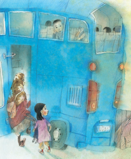 Book illustration of a lady and a young girl getting on a blue bus. A boy inside is looking through the window.