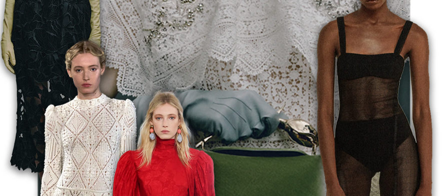 Resort ’26 runway collage featuring lace and mesh dresses by Erdem, Dior, Gucci and Victoria Beckham