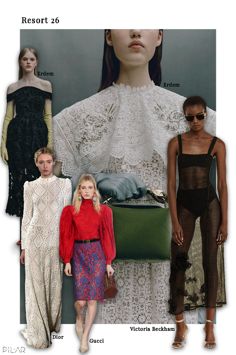 Collage of Resort ’26 lace looks: a close-up of a model wearing a white filigree-lace blouse, flanked by runway shots of a black off-the-shoulder lace dress, a sheer black lace slip, and a white crochet maxi dress paired with a red-lace blouse and patterned skirt.