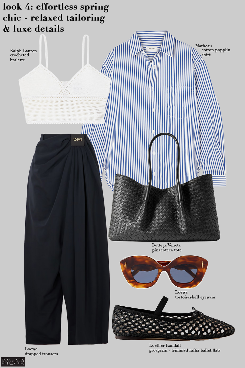 Flat lay of a spring capsule outfit featuring a blue striped Matheau poplin shirt styled with a Ralph Lauren crocheted bralette, black draped trousers by Loewe, a woven Bottega Veneta Pinacoteca tote, Loewe tortoiseshell sunglasses, and Loeffler Randall raffia-trimmed ballet flats.