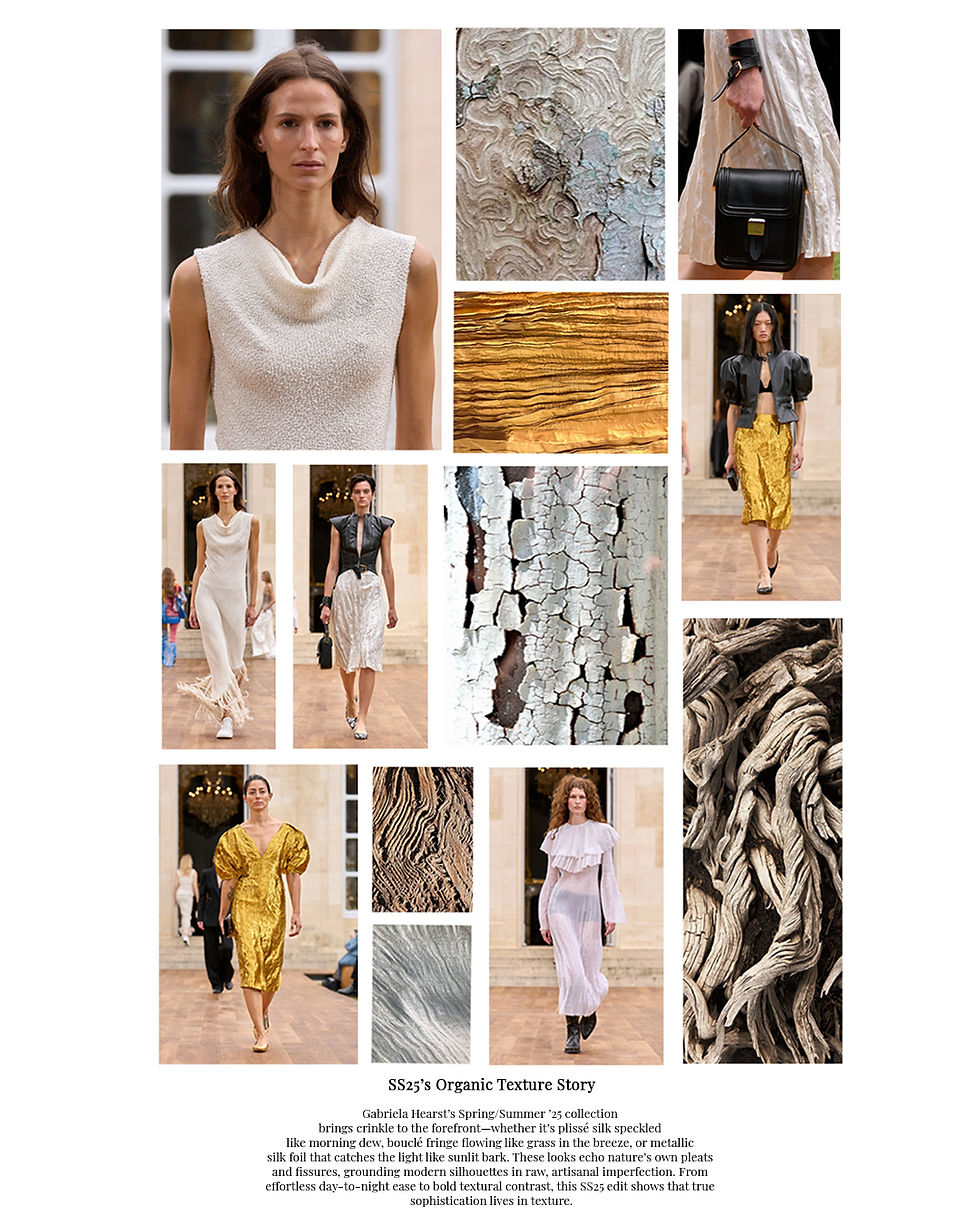 Crinkled texture trend mood board featuring Gabriela Hearst SS25 runway looks and nature-inspired surfaces like bark, wood grain, and metallic creases.