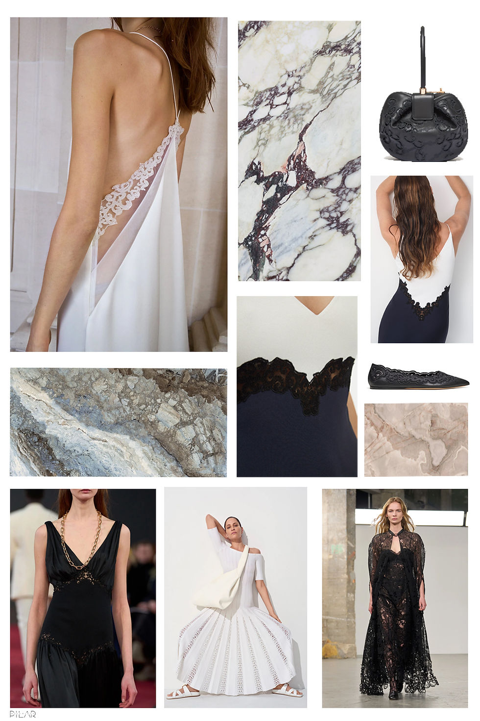 Gabriela Hearst mood board featuring SS25 slip dresses and Pre-Fall 2025 lace pieces against marble and textured stone backdrops