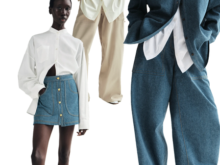 Models styled in 90s-inspired oversized shirts paired with denim mini skirts and wide-leg trousers, showcasing trans-seasonal tailoring from Adam Lippes Spring/Summer 2025.