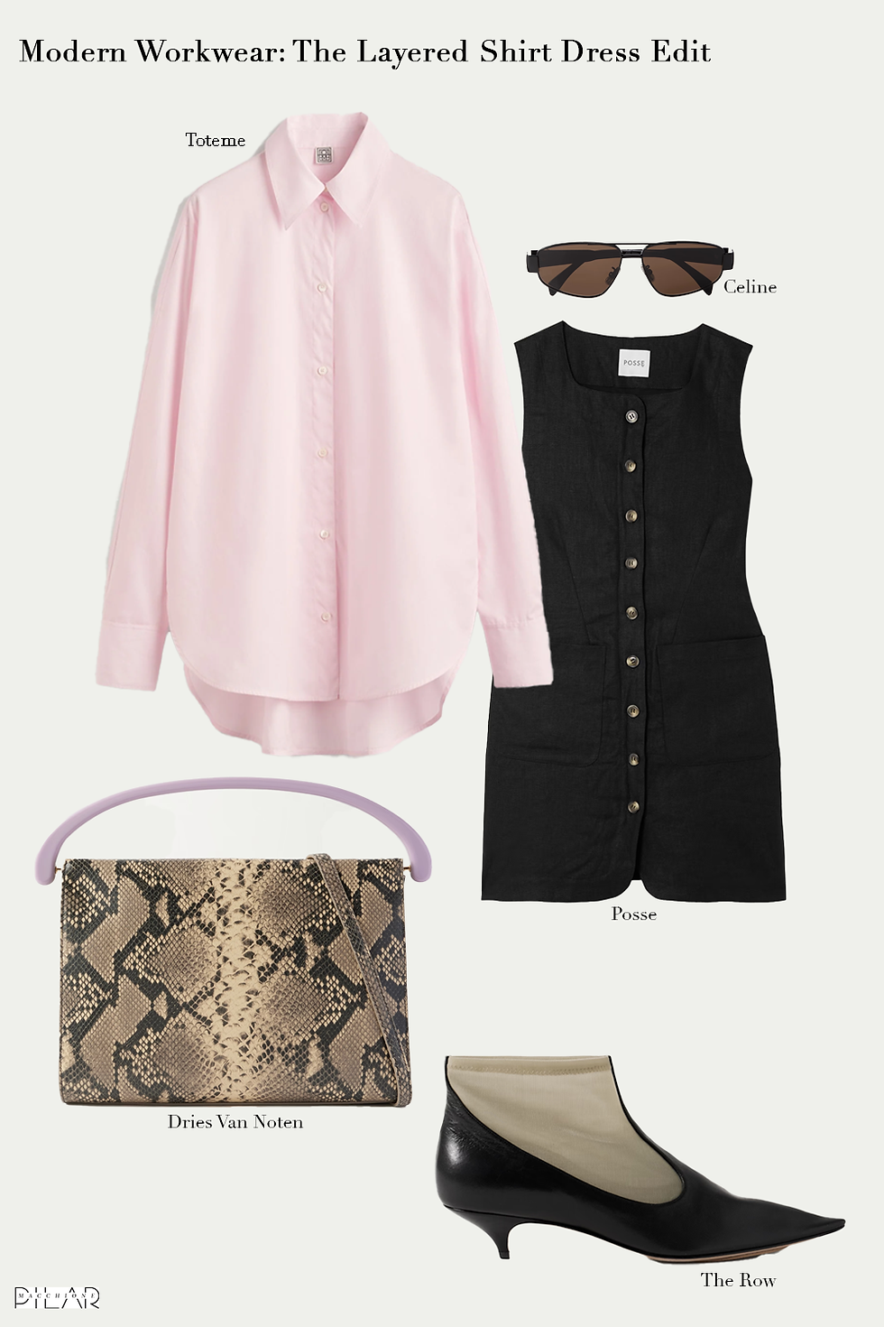 Flat lay of a modern layered workwear look featuring a powder pink Toteme button-up shirt styled under a black button-front dress by Posse. Accessories include Celine sunglasses, a snakeskin Dries Van Noten handbag with a lilac handle, and black mesh-paneled kitten heel shoes by The Row.