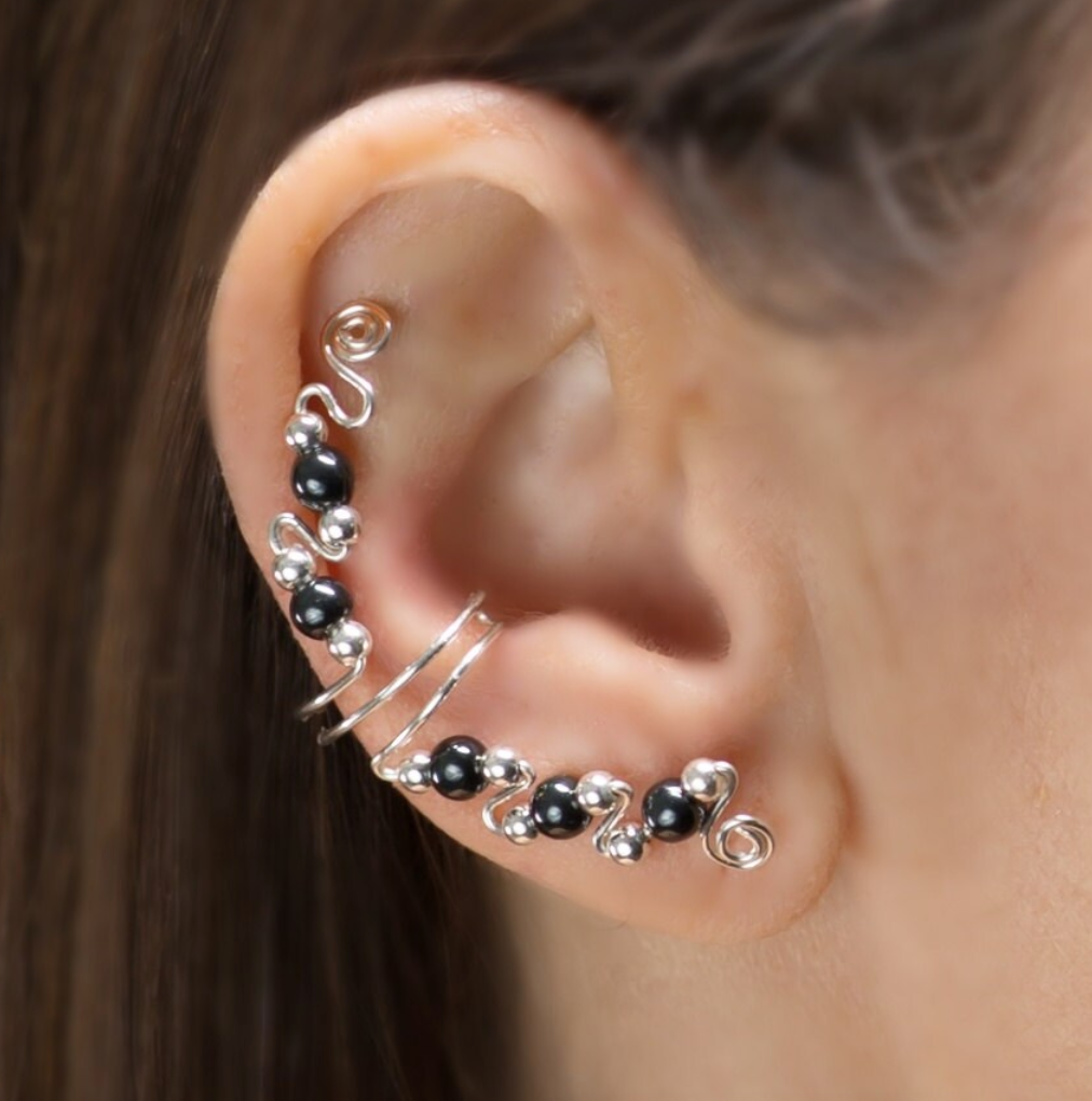 Full Size Elegant Silver and Hematite Ear Cuffs, pair