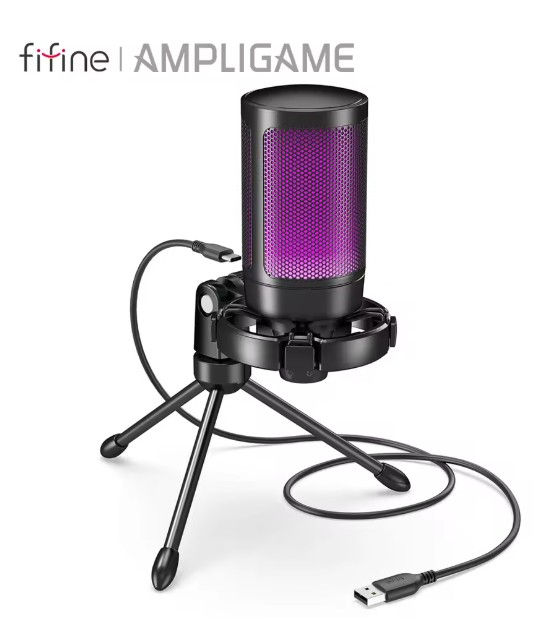 Miniatura: Microfone Gamer FIFINE AmpliGame A2 RGB USB – Com Luz Sensível ao Toque, Tripé
