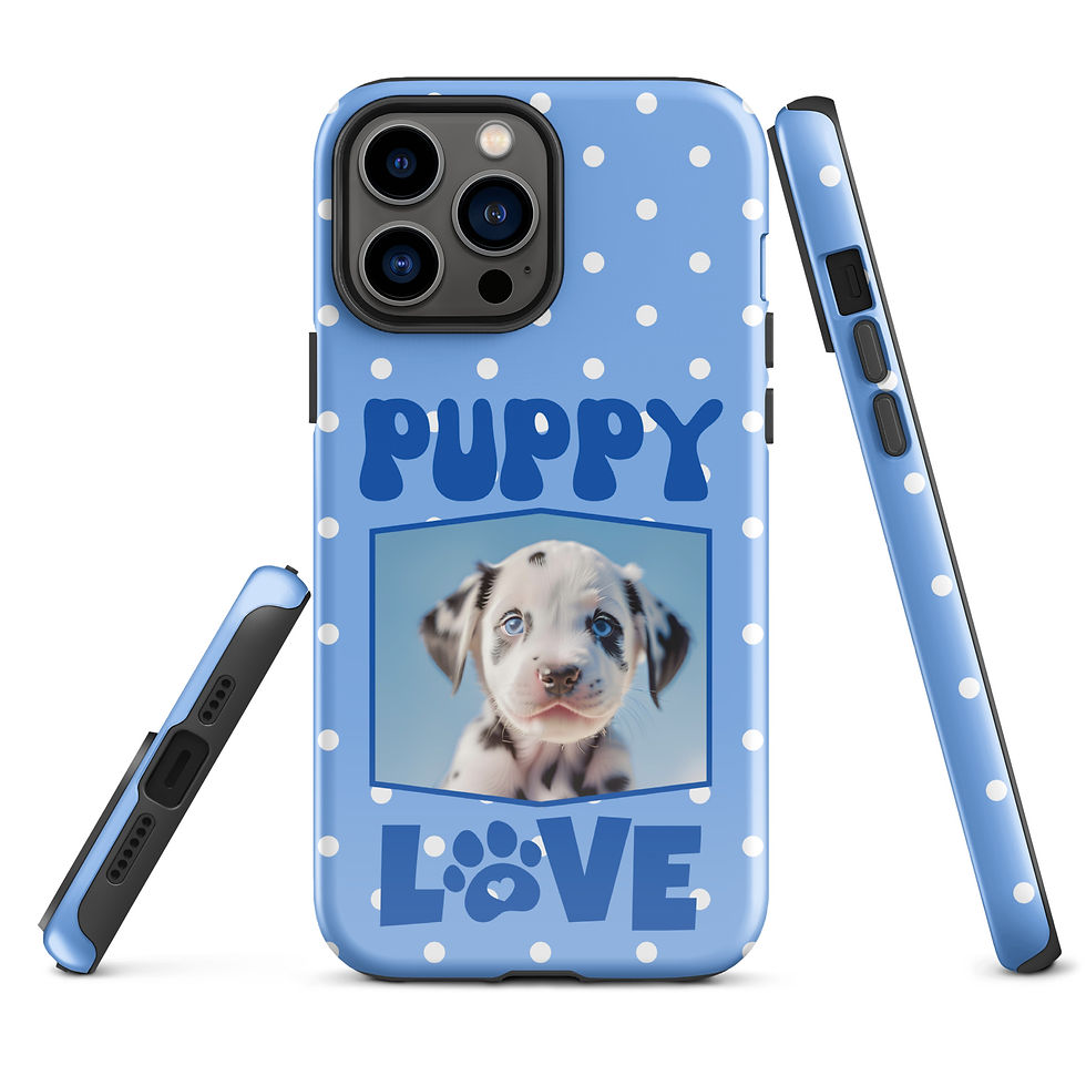 Thumbnail: Tough Case for iPhone® Puppy Dalmatian Love with Blue Polka Dot Background