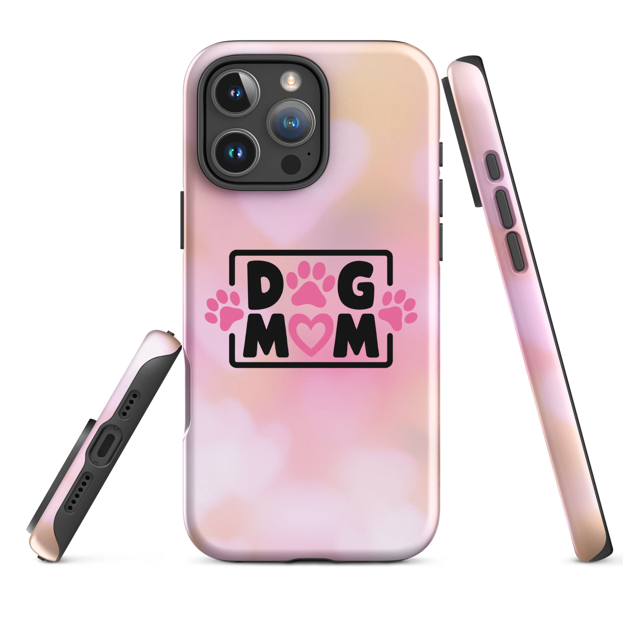 Tough Case for iPhone® Dog Mom with Paws, Heart, and Pink Background