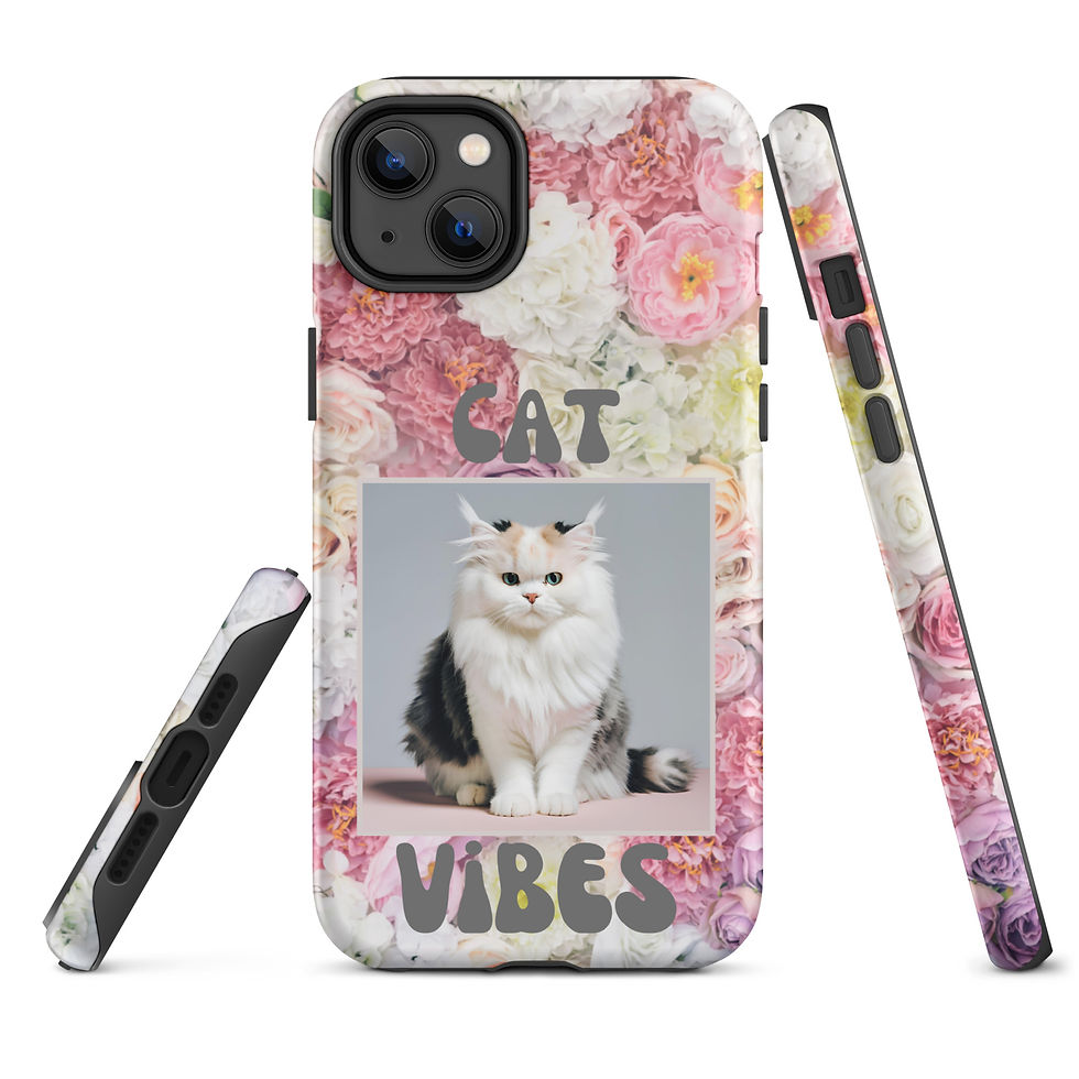 Thumbnail: Tough Case for iPhone® Cat Vibes Multicolor Cat w/ Retro Paper Flower Background