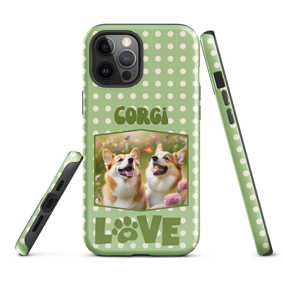 Thumbnail: Tough Case for iPhone® Corgie Love with Green Polka Dot Background