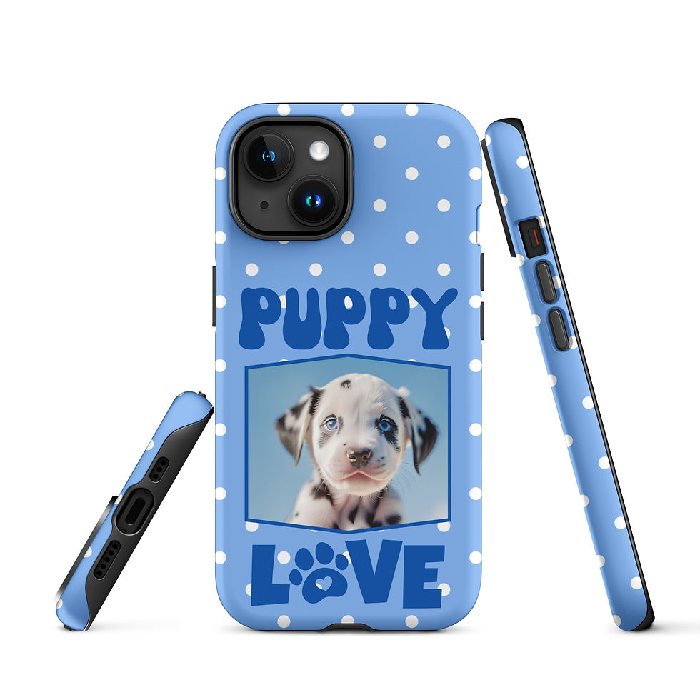 Thumbnail: Tough Case for iPhone® Puppy Dalmatian Love with Blue Polka Dot Background