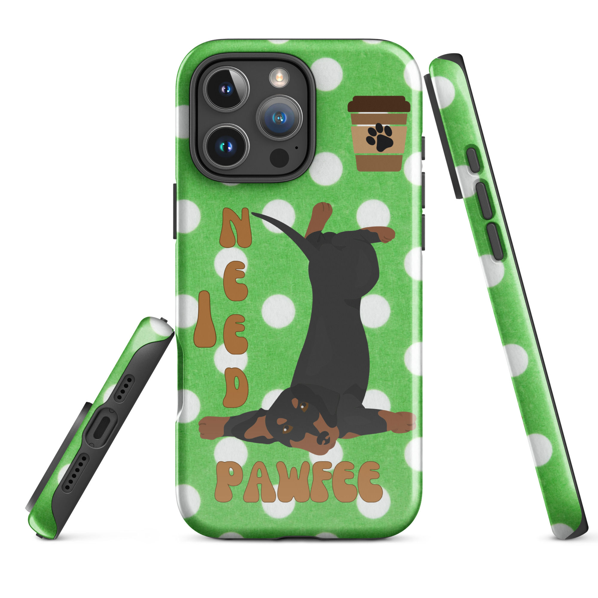 Tough Case for iPhone® I need Pawfee Pup with Green Polka Dot Background