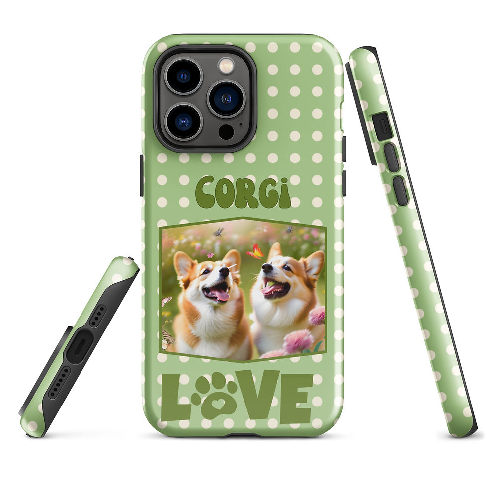 Thumbnail: Tough Case for iPhone® Corgie Love with Green Polka Dot Background